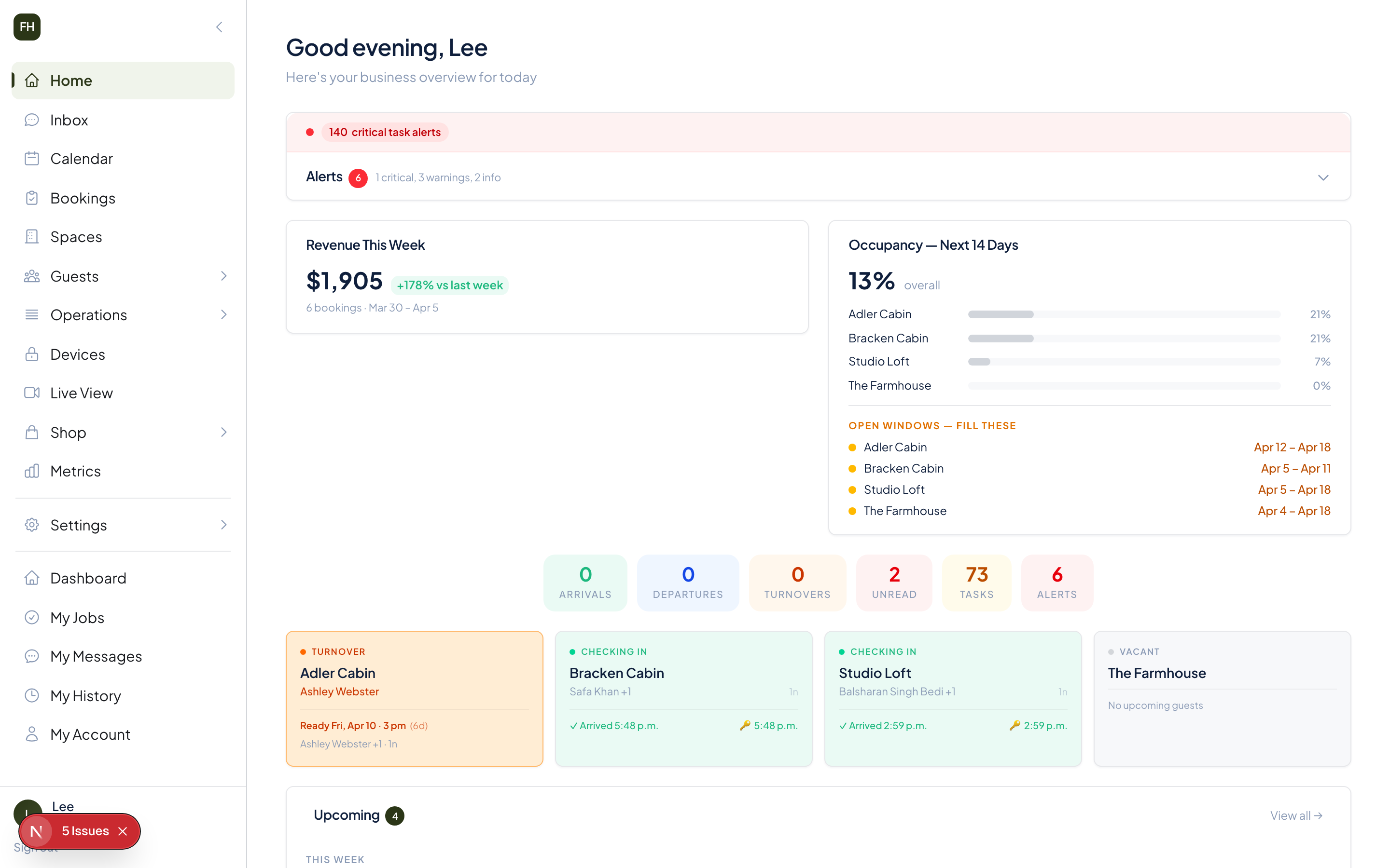 Canopy dashboard showing bookings, revenue, occupancy, and operations